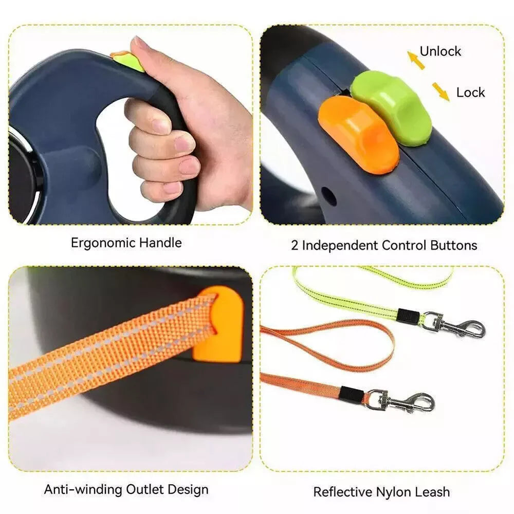 Double Dog Retractable Leash – Reflective 360° Swivel Lead for Easy Walks
