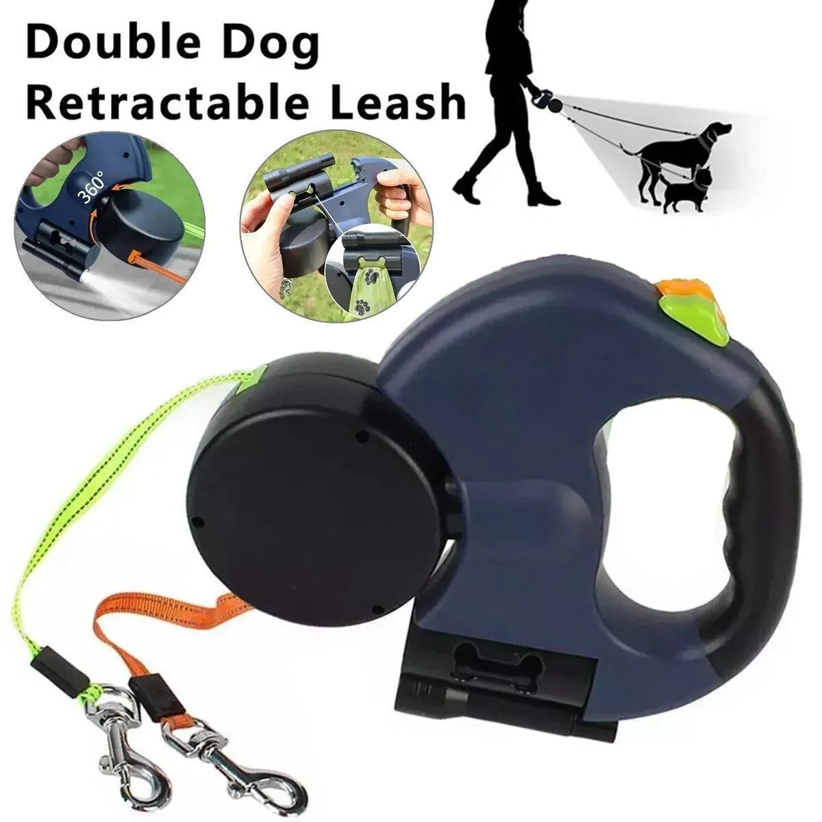 Double Dog Retractable Leash – Reflective 360° Swivel Lead for Easy Walks