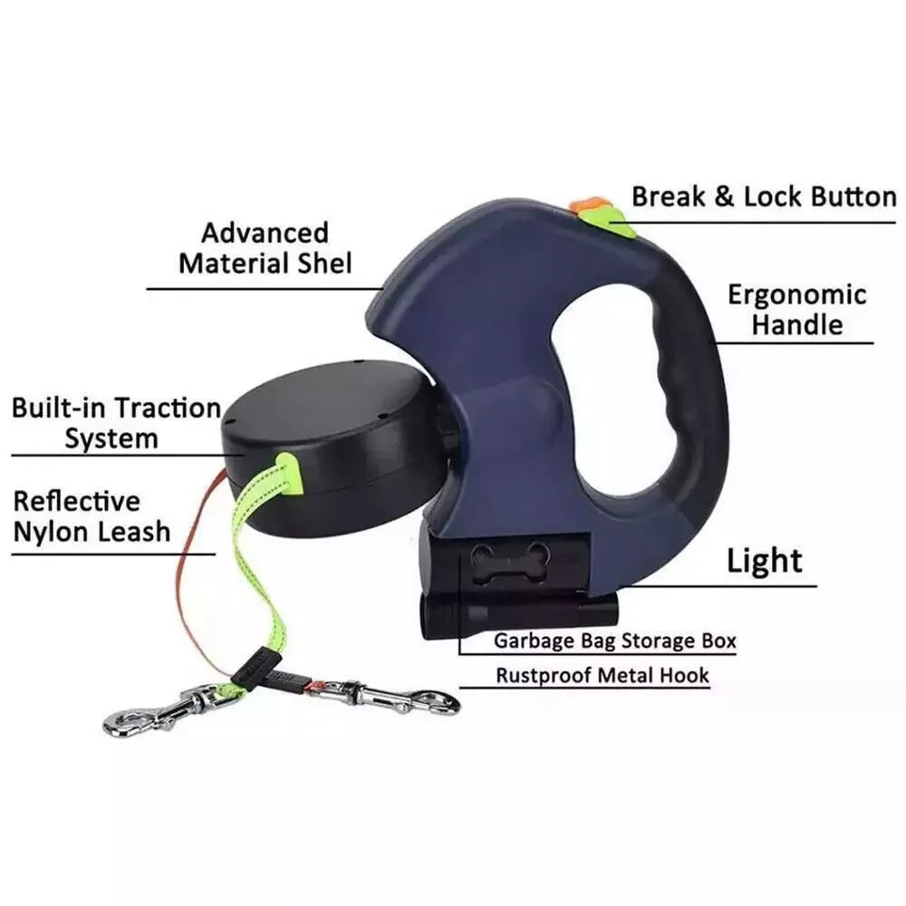 Double Dog Retractable Leash – Reflective 360° Swivel Lead for Easy Walks