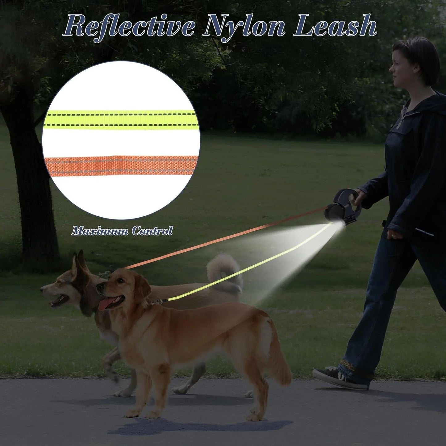 Double Dog Retractable Leash – Reflective 360° Swivel Lead for Easy Walks
